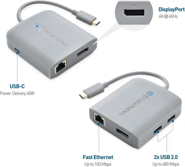 Alt view image 2 of 5 - Cable Matters USB C Hub DisplayPort, 4K@60Hz (USB C DisplayPort Hub), 100Mbps Ethernet, 2X USB, 60W Host Charging in Gray - Thunderbolt 4 / Thunderbolt 3 Port Compatible for MacBook Pro