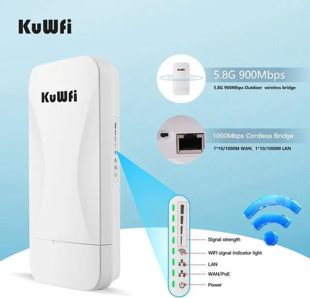 Alt view image 5 of 5 - KuWFi Point to Point Gigabit Wireless Bridge 5.8G 900Mbps 1Gbs LAN Ports Long Range CPE Bridge Network Extend Outdoor 3KM/1.86Miles to of Shop, Barn,Farm and CCTV Connection