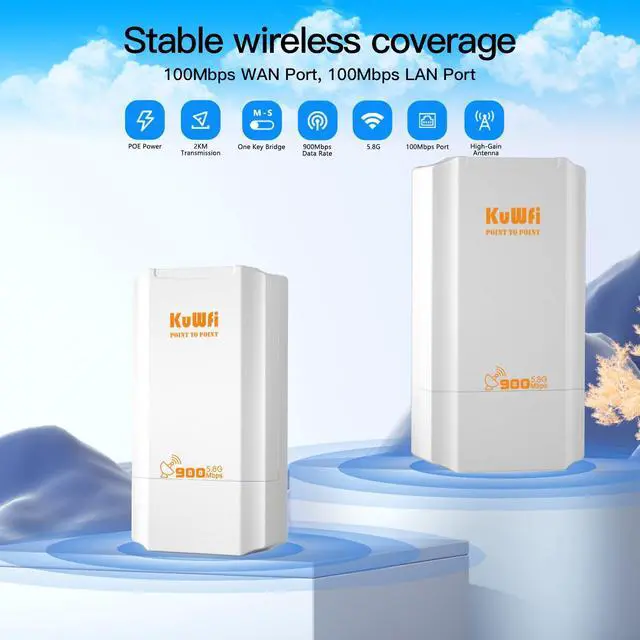 Alt view image 4 of 5 - KuWFi 5.8G 2KM Point to Point Wireless Bridge for Outdoor use can Extend The Range of Starlink Router Signal with a 100Mbps Ethernet Bridge 2-Pack pre-configured for WiFi Coverage and CCTV Projects