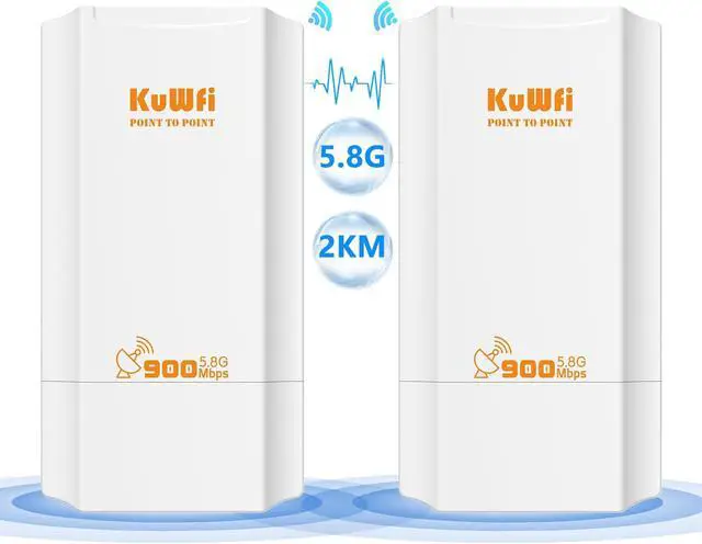 Main image of KuWFi 5.8G 2KM Point to Point Wireless Bridge for Outdoor use can Extend The Range of Starlink Router Signal with a 100Mbps Ethernet Bridge 2-Pack pre-configured for WiFi Coverage and CCTV Projects