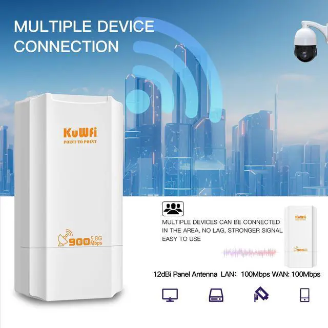 Alt view image 2 of 5 - KuWFi 5.8G 2KM Point to Point Wireless Bridge for Outdoor use can Extend The Range of Starlink Router Signal with a 100Mbps Ethernet Bridge 2-Pack pre-configured for WiFi Coverage and CCTV Projects