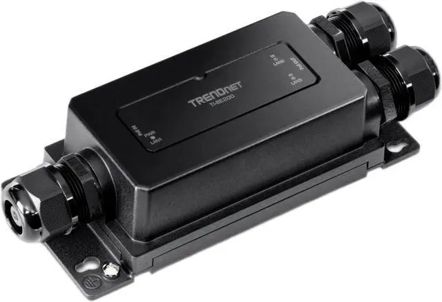 Main image of TRENDnet 2-Port Industrial Outdoor Gigabit PoE++ Extender, Hardened IP67 Extreme Temperature Rated Housing, Extends PoE++ Connection up to 200m (656 ft.) for up to 2 Devices, Black, TI-BE200