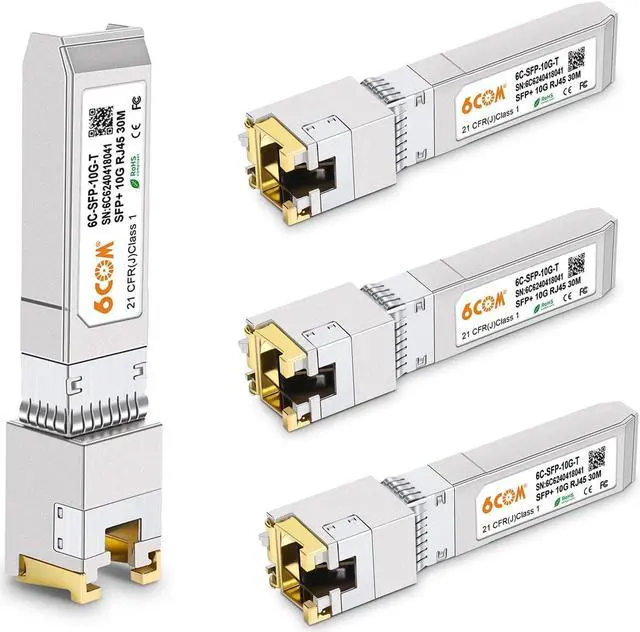Main image of 6COM 4Pack 1.25G/2.5G/5G/10GBase-T SFP+ Transceiver, 10G T SFP+ RJ45 Copper Module CAT.6a for Cisco SFP-10G-T-S, Ubiquiti UF-RJ45-10G, Fortinet, Netgear, D-Link, Supermicro, TP-Link, up to 30m