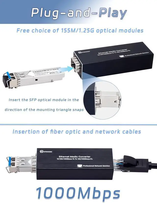 Alt view image 5 of 5 - Atroodac Mini Gigabit Fiber Media Converter with 1Pcs 1.25G LC Dual Ports Transceiver Module up to 20KM Plug and Play 10/100/1000Base-Tx RJ45 to 100/1000BASE-SX SFP Slot Fiber to Ethernet Converter