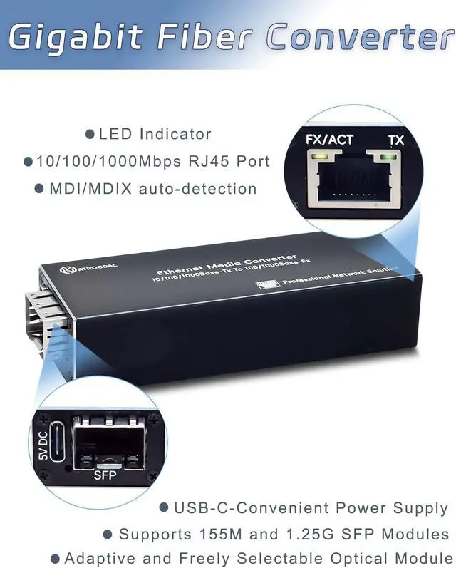 Alt view image 4 of 5 - Atroodac Mini Gigabit Fiber Media Converter with 1Pcs 1.25G LC Dual Ports Transceiver Module up to 20KM Plug and Play 10/100/1000Base-Tx RJ45 to 100/1000BASE-SX SFP Slot Fiber to Ethernet Converter
