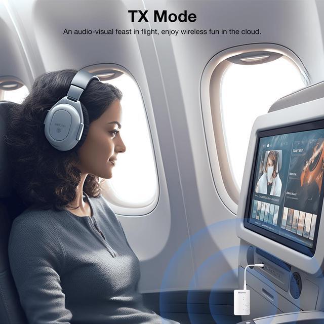 Alt view image 5 of 5 - TV Bluetooth 5.3 Transmitter/Receiver 2-in-1 Mini Wireless Adapter with Headphones Dual Pairs, 3.5mm Aux Audio Jack, Aptx Low Latency for Airplane/Earbuds/Car/Stereo/Treadmill/Tablets - White