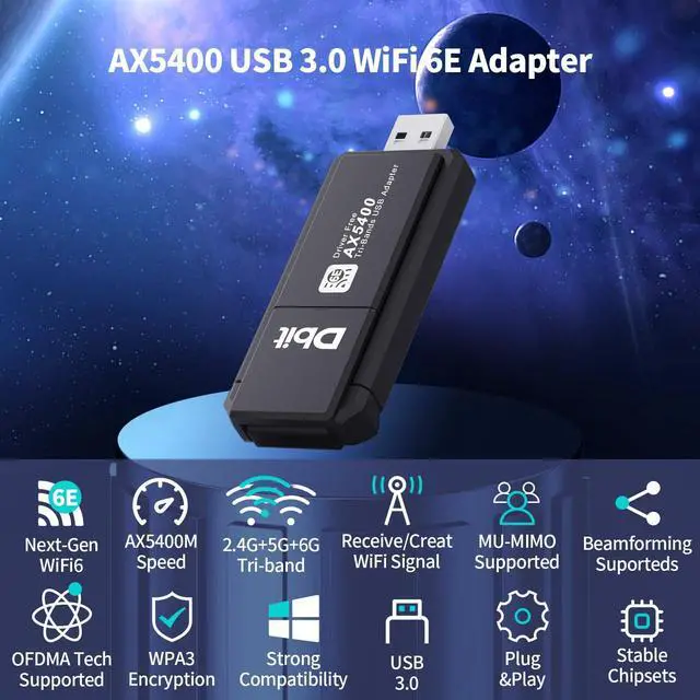 Alt view image 3 of 5 - DBIT WiFi6E USB 3.0 WiFi Adapter for PC, AX5400M 802.11AX, Tri-Band 6GHz/5GHz/2.4GHz, WPA3, Wireless USB WiFi Dongle Network Adapter for PC Laptop, Only Compatible with Windows 11/10