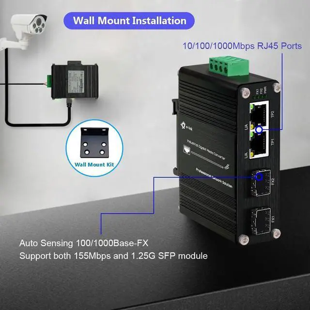Alt view image 2 of 5 - Mini Industrial Gigabit Media Converter - Din Rail Mount Hardened 10/100/1000Mbps Ethernet to SFP Fiber Converter Switch With 2 RJ45 and 2 SFP Ports