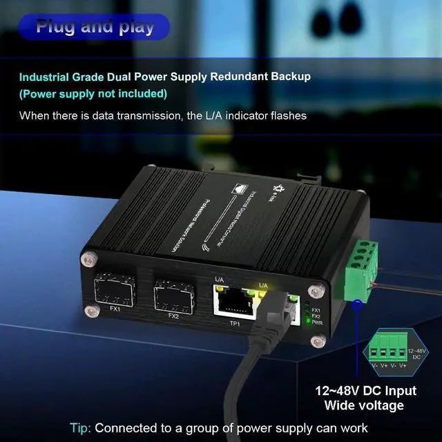 Alt view image 3 of 5 - Mini Industrial Gigabit Media Converter - Din Rail Mount Hardened 10/100/1000Mbps Ethernet to SFP Fiber Converter Switch With 2 RJ45 and 2 SFP Ports
