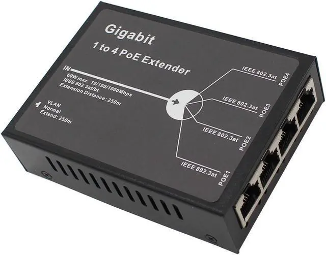 Main image of Gigabit POE Extender, 4 Channel PoE Repeater, RJ45 4 Port POE Splitter, 10/100/1000Mbps, PoE Amplifier, PoE Sourcing Ethernet Switch, IEEE 802.3at, 100/250m POE Extension