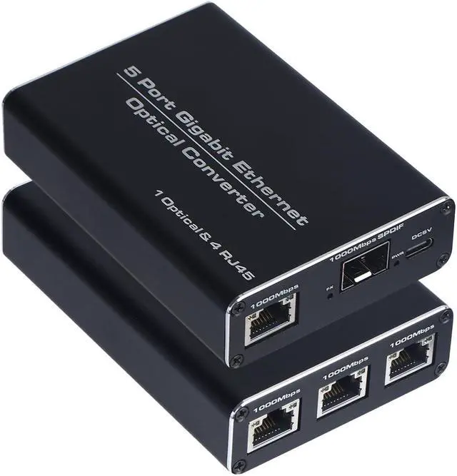 Main image of A Pair of 5 Port Gigabit Ethernet Optical Converter, Fiber to Ethernet Converter has 4x10/100/1000 RJ45 Port and 1x1000 SFP Fiber Port