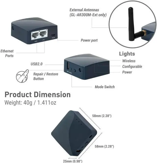 Alt view image 2 of 5 - GL.iNet GL-AR300M16-Ext Portable Mini Travel Wireless Pocket Router - WiFi Router | OpenWrt | 2 x Ethernet Ports | OpenVPN/Wireguard VPN for Public & Hotel Wi-Fi | USB 2.0 Port | 2 x External Antennas