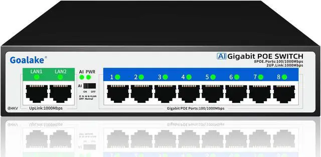 Main image of 8 Port Gigabit PoE Switch with 2 Gigabit Uplink, Unmanaged 10 Port Gigabit PoE Switch Compatible with IEEE 802.3af/at Devices@120W, AI PoE Auto Recovery&Extend, Vlan, Metal Pluy&Play