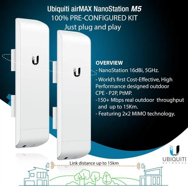 Alt view image 2 of 5 - Wireless Bridge Ubiquiti NanoStation M5 PRE-CONFIGURED Bundle of 2 Ubiquiti airMAX NSM5-US, Point to Point Outdoor WiFi Bridge, Plugh and Play, 5GHz, 150+Mbps, 15+km Link Range, Network WiFi Bridge.