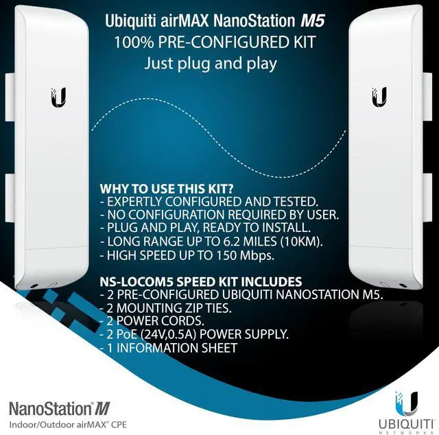 Alt view image 3 of 5 - Wireless Bridge Ubiquiti NanoStation M5 PRE-CONFIGURED Bundle of 2 Ubiquiti airMAX NSM5-US, Point to Point Outdoor WiFi Bridge, Plugh and Play, 5GHz, 150+Mbps, 15+km Link Range, Network WiFi Bridge.