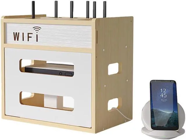 Main image of Wooden Router Shelf, Desktop WiFi Router Storage Box Modem Rack, Power Router Fences Standing Shelf Units, Cable Management Hider Box Organizer for Office and Home (White Maple)