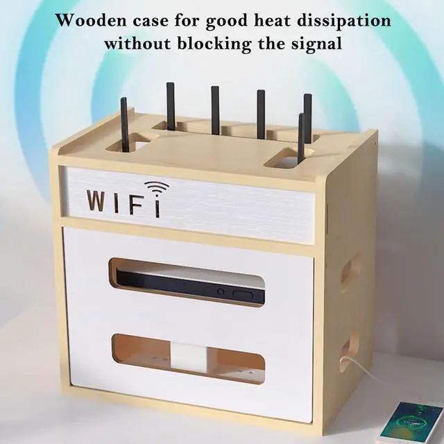 Alt view image 4 of 5 - Wooden Router Shelf, Desktop WiFi Router Storage Box Modem Rack, Power Router Fences Standing Shelf Units, Cable Management Hider Box Organizer for Office and Home (White Maple)