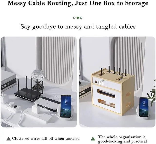 Alt view image 5 of 5 - Wooden Router Shelf, Desktop WiFi Router Storage Box Modem Rack, Power Router Fences Standing Shelf Units, Cable Management Hider Box Organizer for Office and Home (White Maple)