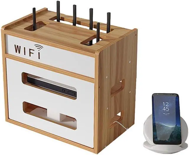 Main image of Wooden Router Shelf, Desktop WiFi Router Storage Box Modem Rack, Power Router Fences Standing Shelf Units, Cable Management Hider Box Organizer for Office and Home (Cherry Wood)