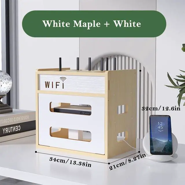 Alt view image 3 of 5 - Wooden Router Shelf, Desktop WiFi Router Storage Box Modem Rack, Power Router Fences Standing Shelf Units, Cable Management Hider Box Organizer for Office and Home (White Maple)