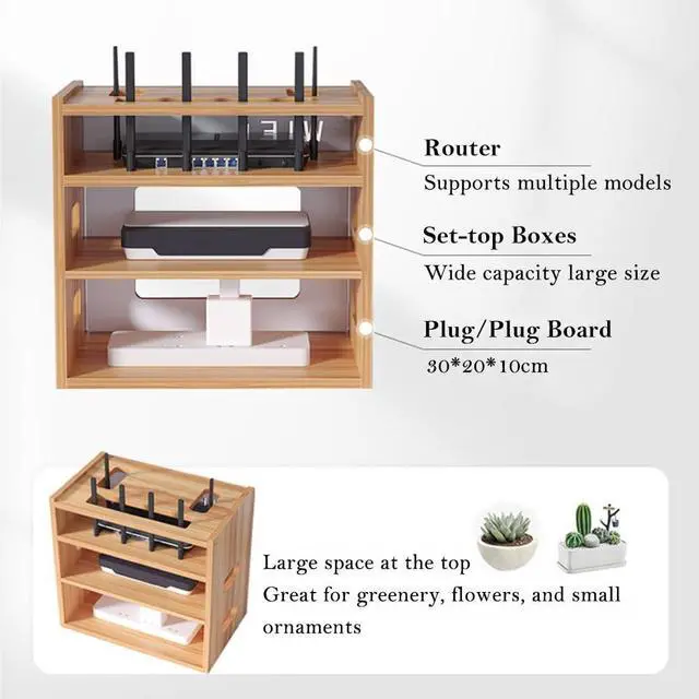 Alt view image 4 of 5 - Wooden Router Shelf, Desktop WiFi Router Storage Box Modem Rack, Power Router Fences Standing Shelf Units, Cable Management Hider Box Organizer for Office and Home (Cherry Wood)