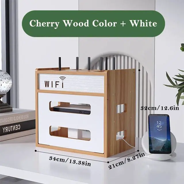 Alt view image 3 of 5 - Wooden Router Shelf, Desktop WiFi Router Storage Box Modem Rack, Power Router Fences Standing Shelf Units, Cable Management Hider Box Organizer for Office and Home (Cherry Wood)