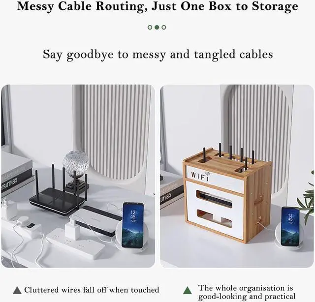 Alt view image 5 of 5 - Wooden Router Shelf, Desktop WiFi Router Storage Box Modem Rack, Power Router Fences Standing Shelf Units, Cable Management Hider Box Organizer for Office and Home (Cherry Wood)