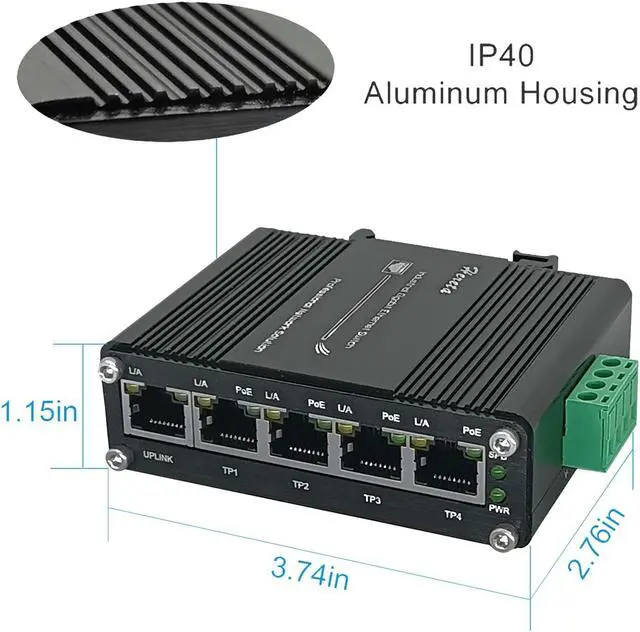 Alt view image 4 of 5 - Industrial Gigabit Ethernet PoE+ Switch 5-Port 10/100/1000BASE-T Auto-MDI/MDI-X Half/Full Duplex Compact 30W PoE+ Ethernet Switch 12~48VDC Wide Range Power Input
