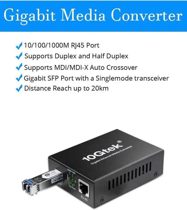Alt view image 2 of 5 - Fiber to Ethernet Media Converter, Gigabit Single Mode SFP LC Converter, 1000Base-LX to 10/100/1000M RJ45, SMF, 1310nm, up to 20km (12.4miles)