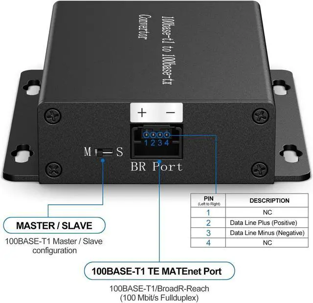 Alt view image 2 of 5 - 100BASE Ethernet Media Converter Device,Automotive-Grade, 2-Wire Ethernet BroadR-Reach(100BASE-T1) to Fast Ethernet (100BASE-TX) Automotive IEEE 100BASE-T1 Compliant with 100Mbit/s Transmit