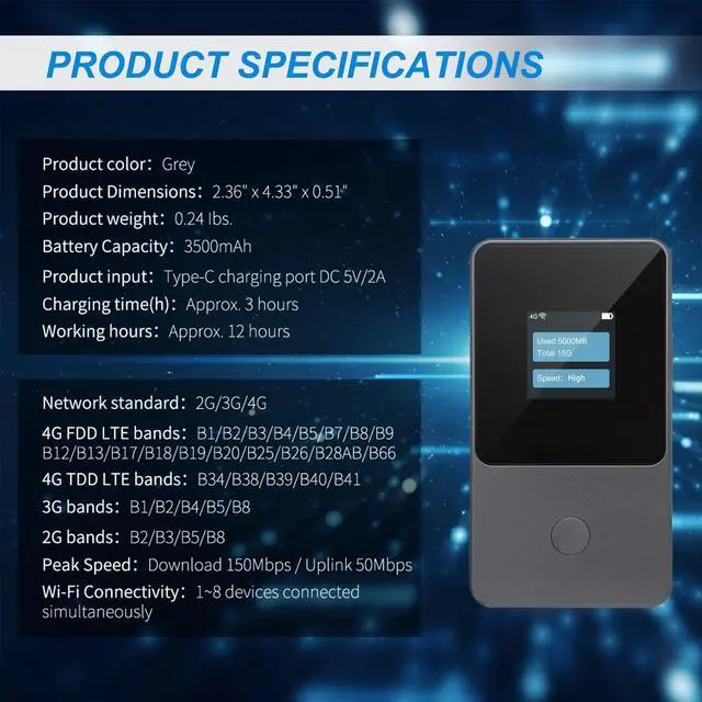Alt view image 4 of 5 - Metaspot T8 4G LTE WiFi Hotspot,Portable Mifi Router,U.S. 50GB & Global 3GB Free Data Preloaded for Travel in 130+Countries,300+Carrier Access,12h Long Battery Life,No Contract or SIM Card Required