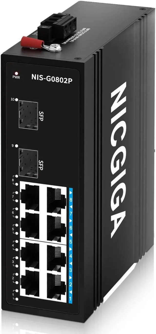 Main image of NICGIGA 8 Port Industrial Gigabit PoE Ethernet DIN-Rail Switch, with 8 x 30W PoE Ports @245W + 2 SFP Uplink Network Switch. IP40 Metal Enclosure(-30deg to 75deg)