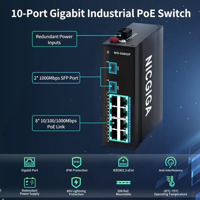 Alt view image 2 of 5 - NICGIGA 8 Port Industrial Gigabit PoE Ethernet DIN-Rail Switch, with 8 x 30W PoE Ports @245W + 2 SFP Uplink Network Switch. IP40 Metal Enclosure(-30deg to 75deg)