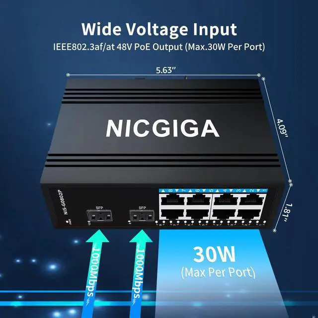 Alt view image 3 of 5 - NICGIGA 8 Port Industrial Gigabit PoE Ethernet DIN-Rail Switch, with 8 x 30W PoE Ports @245W + 2 SFP Uplink Network Switch. IP40 Metal Enclosure(-30deg to 75deg)
