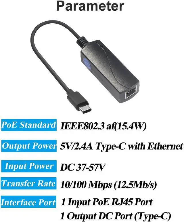 Alt view image 2 of 5 - REVOTECH PoE to Type-C Adapter Converter, Convert POE to Output 5V/2.4A USB C with Ethernet, IEEE802.3af with 10/100Mbps, Wired Broadband and PD Charging for Smart Phone/Tablet, Plug and Play (P2C5V)