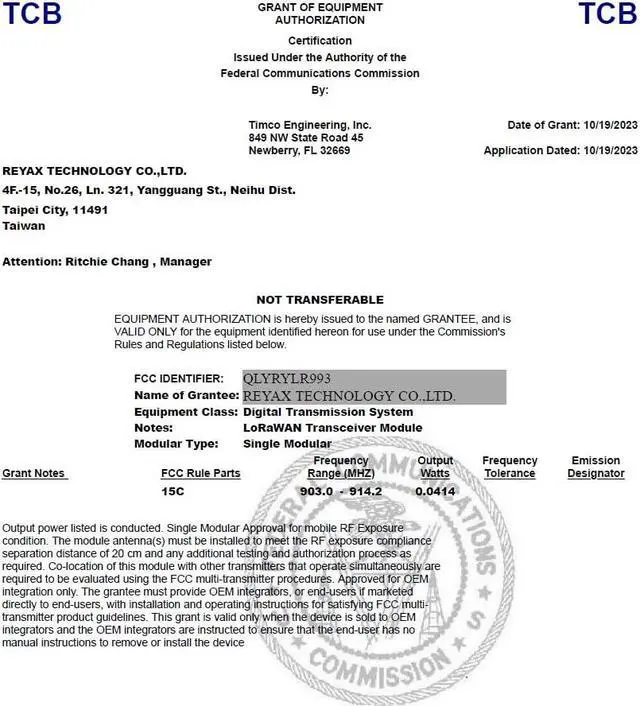 Alt view image 2 of 5 - REYAX RYLR993_lite RYLR993 868/915MHz LoRaWAN® & Proprietary Dual mode Transceiver antenna module long distance! FCC CE MIC NCC Certification