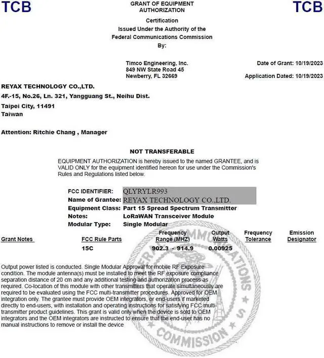 Alt view image 3 of 5 - REYAX RYLR993_lite RYLR993 868/915MHz LoRaWAN® & Proprietary Dual mode Transceiver antenna module long distance! FCC CE MIC NCC Certification