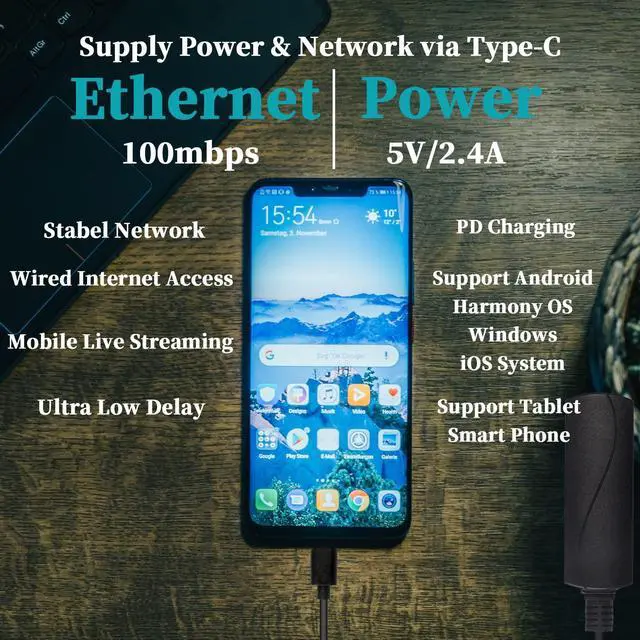 Alt view image 5 of 5 - REVOTECH PoE to Type-C Adapter Converter, Convert POE to Output 5V/2.4A USB C with Ethernet, IEEE802.3af with 10/100Mbps, Wired Broadband and PD Charging for Smart Phone/Tablet, Plug and Play (P2C5V)