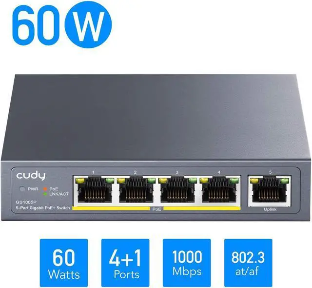 Alt view image 2 of 5 - Cudy GS1005P 5 Port Gigabit PoE Switch, 4 PoE+ @60W, Desktop/Wall, Plug and Play, Sturdy Metal w/ Shielded Ports, Fanless, Traffic Optimization