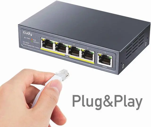 Alt view image 5 of 5 - Cudy GS1005P 5 Port Gigabit PoE Switch, 4 PoE+ @60W, Desktop/Wall, Plug and Play, Sturdy Metal w/ Shielded Ports, Fanless, Traffic Optimization