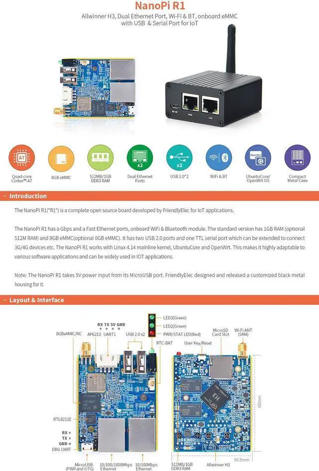 Alt view image 4 of 5 - NanoPi R1 Allwinner RAM 1GB H3 Dual Ethernet Port, Wifi & BT, onboard eMMC with USB & Serial Port for loT