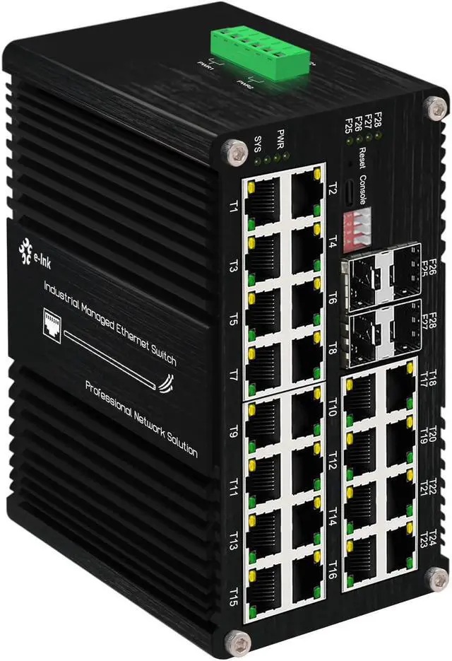 Main image of Industrial Managed L2+ 28-Port Gigabit (PoE) Fiber Switch, 24×10/100/1000T RJ45 Port, 4×1000Base-X SFP Slots, Web Management Ring Network, 720W Total PoE Budget, Din Rail, VLAN, STP, LACP, QOS