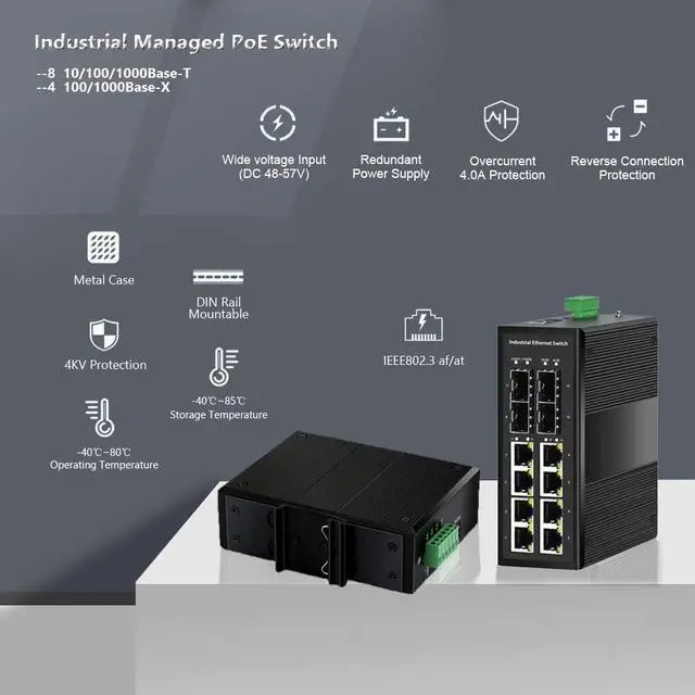 Alt view image 5 of 5 - Industrial Gigabit Managed PoE Switch - 8 Ports 10/100/1000Mbps Web Management DIN Rail PoE Switch with 4 SFP Slots, Network PoE Switch Support Ring Network, VLAN, STP, LACP, QOS