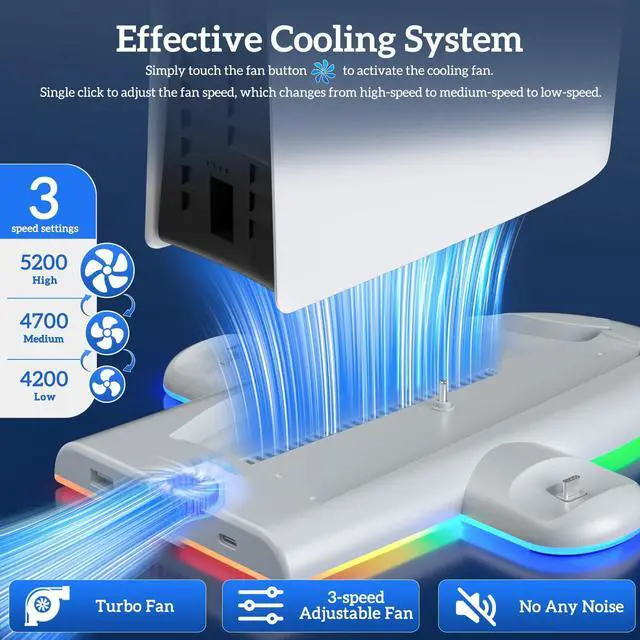 Alt view image 2 of 5 - TanReginal Cooling Station for PS5 Slim Console, 2-4h Smart Charging Station for PS5 Controller and Elite Version, Stand for PS5 Slim Disc and Digital with 9-modes RGB Light and 3-level Cooling Fan