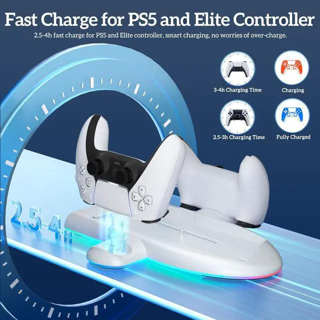 Alt view image 3 of 5 - TanReginal Cooling Station for PS5 Slim Console, 2-4h Smart Charging Station for PS5 Controller and Elite Version, Stand for PS5 Slim Disc and Digital with 9-modes RGB Light and 3-level Cooling Fan