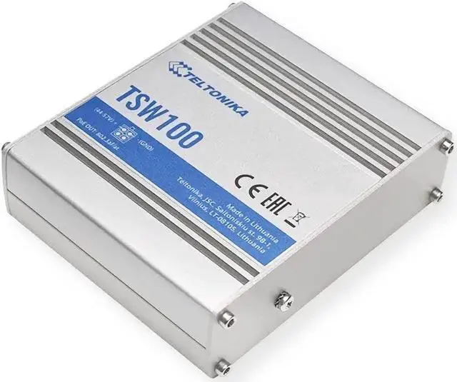 Alt view image 3 of 5 - Teltonika TSW100000030 Model TSW100 Industrial Unmanaged POE+ Switch, AU PSU, 4 x PoE Ports, Rugged Aluminum Housing, 5 x Gigabit Ethernet with Speeds up to 1000 Mbps, Plug-N-Play