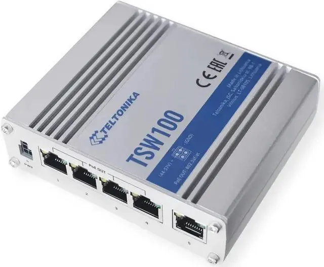 Alt view image 4 of 5 - Teltonika TSW100000030 Model TSW100 Industrial Unmanaged POE+ Switch, AU PSU, 4 x PoE Ports, Rugged Aluminum Housing, 5 x Gigabit Ethernet with Speeds up to 1000 Mbps, Plug-N-Play