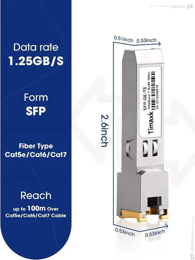 Alt view image 2 of 5 - Timaxk 10Pack 1000BASE-T SFP to RJ45 Ethernet Module, 1.25G Gigabit SFP-T Transceiver up to 100m Over Cat 5 Cable,Compatible with Cisco, Ubiquiti, Mikrotik, D-Link, Netgear, Qnap, Linksys and More