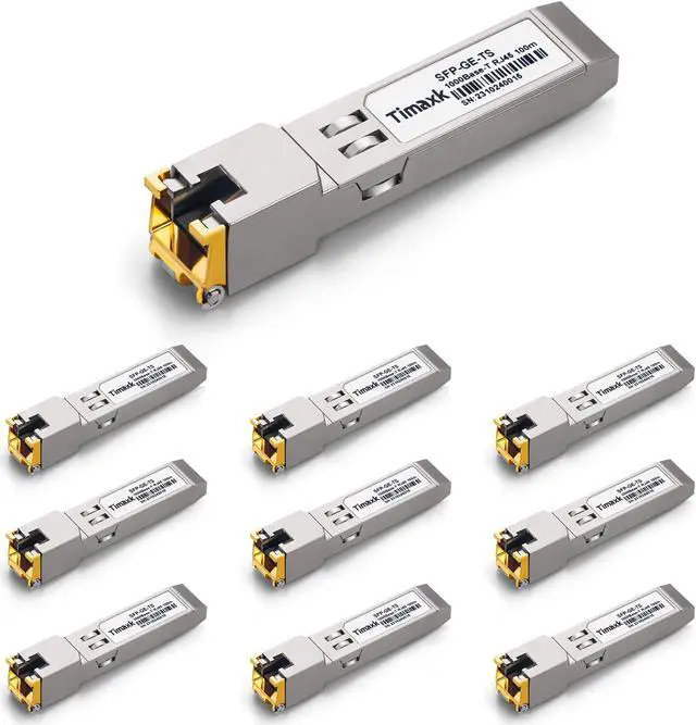 Main image of Timaxk 10Pack 1000BASE-T SFP to RJ45 Ethernet Module, 1.25G Gigabit SFP-T Transceiver up to 100m Over Cat 5 Cable,Compatible with Cisco, Ubiquiti, Mikrotik, D-Link, Netgear, Qnap, Linksys and More