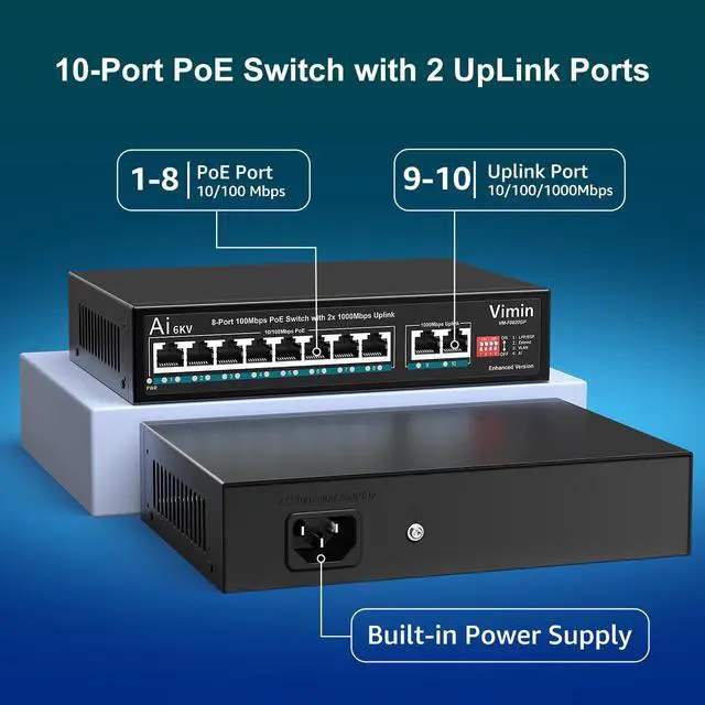 Alt view image 2 of 5 - 8 Port PoE Switch 100Mbps with 2 Gigabit Uplink, VIMIN 10-Port Unmanaged 10/100Mbps Fast Ethernet PoE Switch with 2 Ethernet Uplink, VLAN, Support IEEE802.3af/at